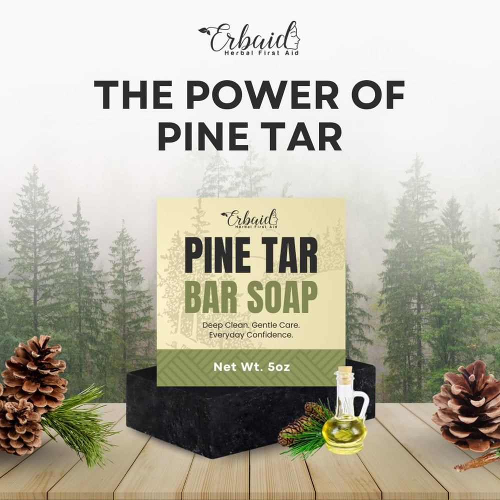 Erbaid soap bar top view displaying compact shape and rustic pine tar finish for durability