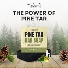Erbaid soap bar top view displaying compact shape and rustic pine tar finish for durability