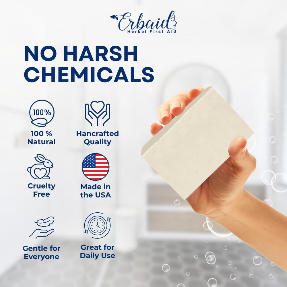 Erbaid soap next to ruler showing 4oz size and easy travel-friendly scale