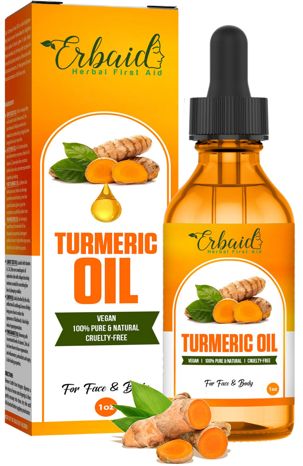 Erbaid front packaging showing turmeric serum benefits and label