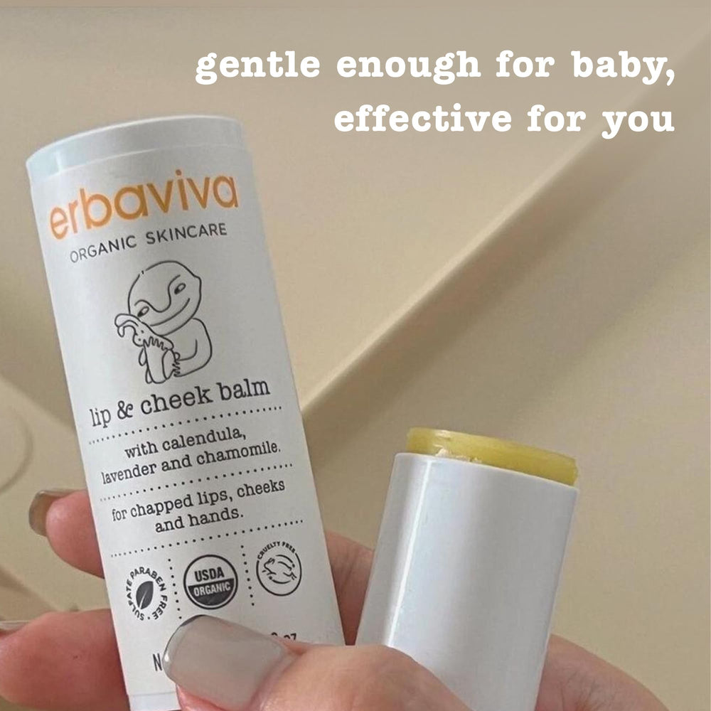 erbaviva tube next to adult hand and coin for scale, communicates compact size and portability