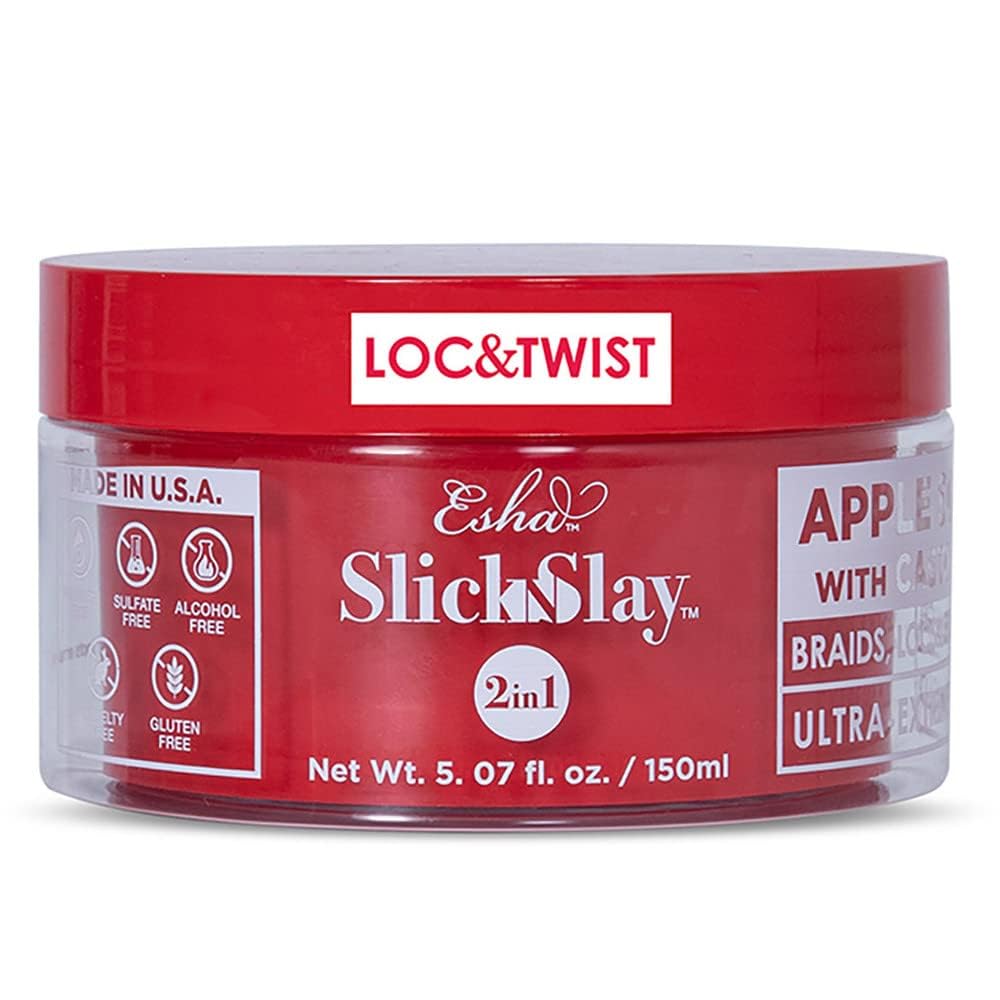 Esha Slick N Slay front jar showing label and neat packaging benefit hold