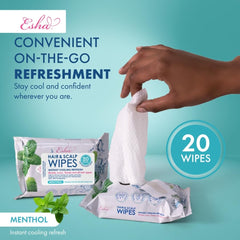 Esha wipe applied to scalp delivering cooling comfort