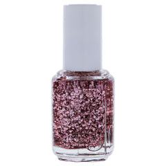 essie bottle front view showing glossy pink glitter polish and label, salon-quality finish