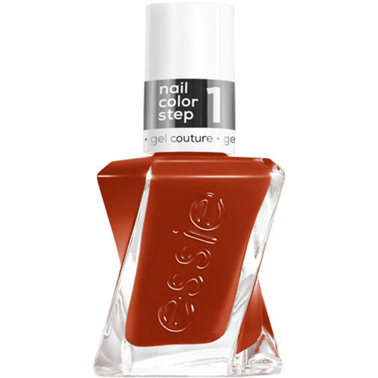 essie bottle front view showing amber brown shade and glossy finish benefit