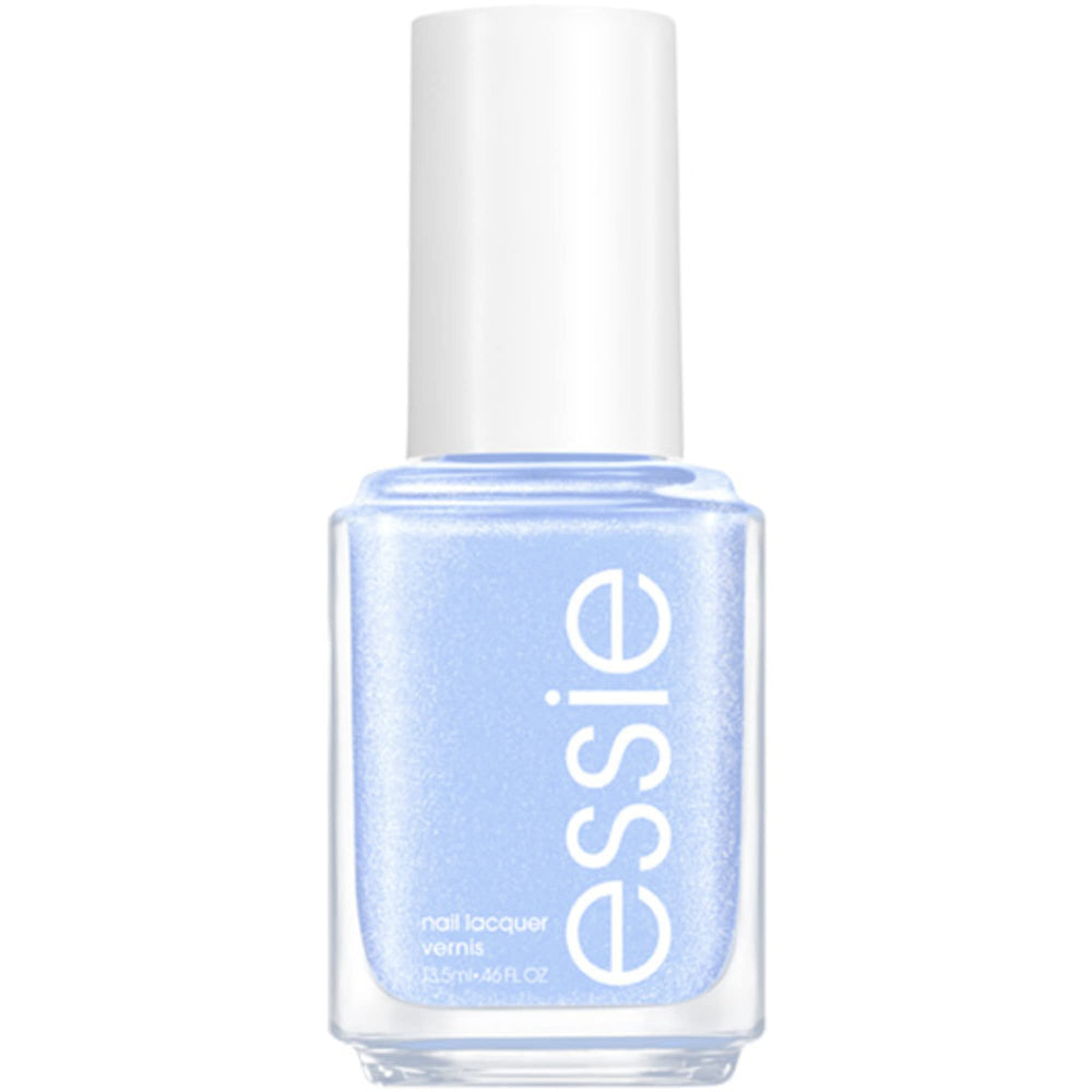 essie bottle front view showing glossy sparkling blue shade and salon finish