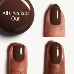 essie bottle close-up revealing raisin brown tone with purple-blue undertones for rich color payoff