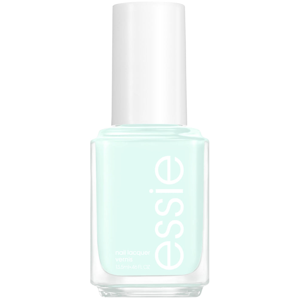 essie bottle front view showing mint green polish and glossy benefit