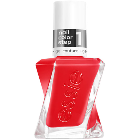 essie bottle front view showing vibrant red shade and glossy finish benefit