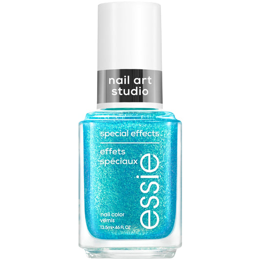 essie Frosted Fantasy front bottle showing pearlescent blue finish and label benefit