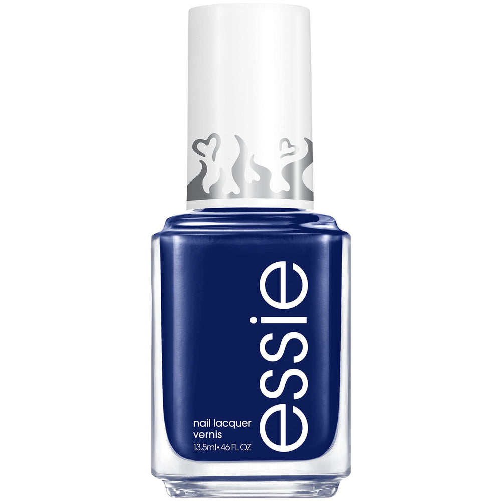 essie License To Thrill front bottle showing deep blue cream shade and glossy finish