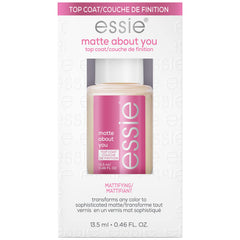 essie bottle front view showing matte top coat and travel-friendly size
