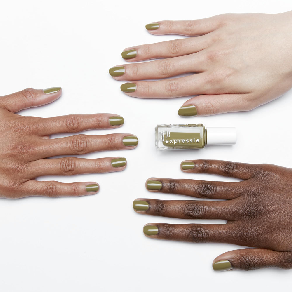 essie color swatch on skin demonstrating true olive green cream finish