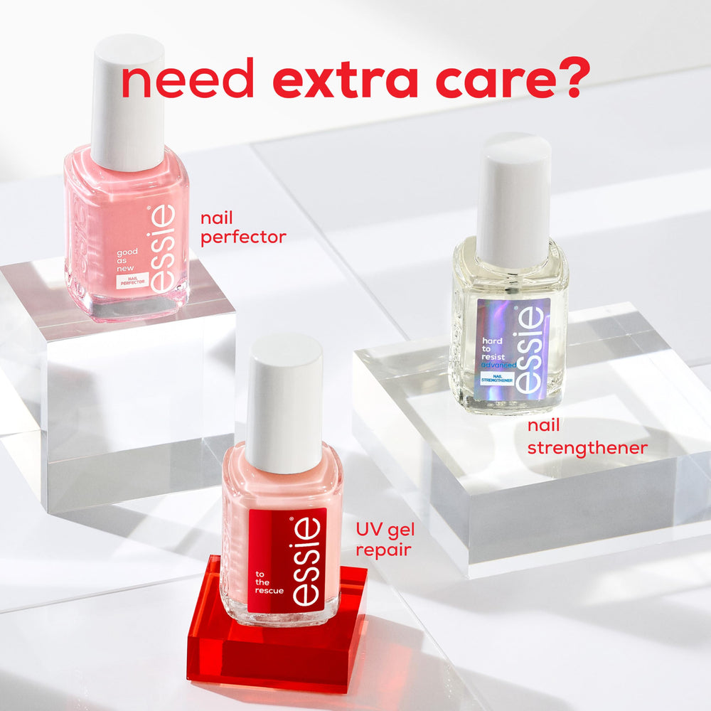 essie bottle beside essie polishes showing complementary manicure benefit