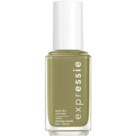 essie bottle front view showing olive green shade and quick-dry benefit