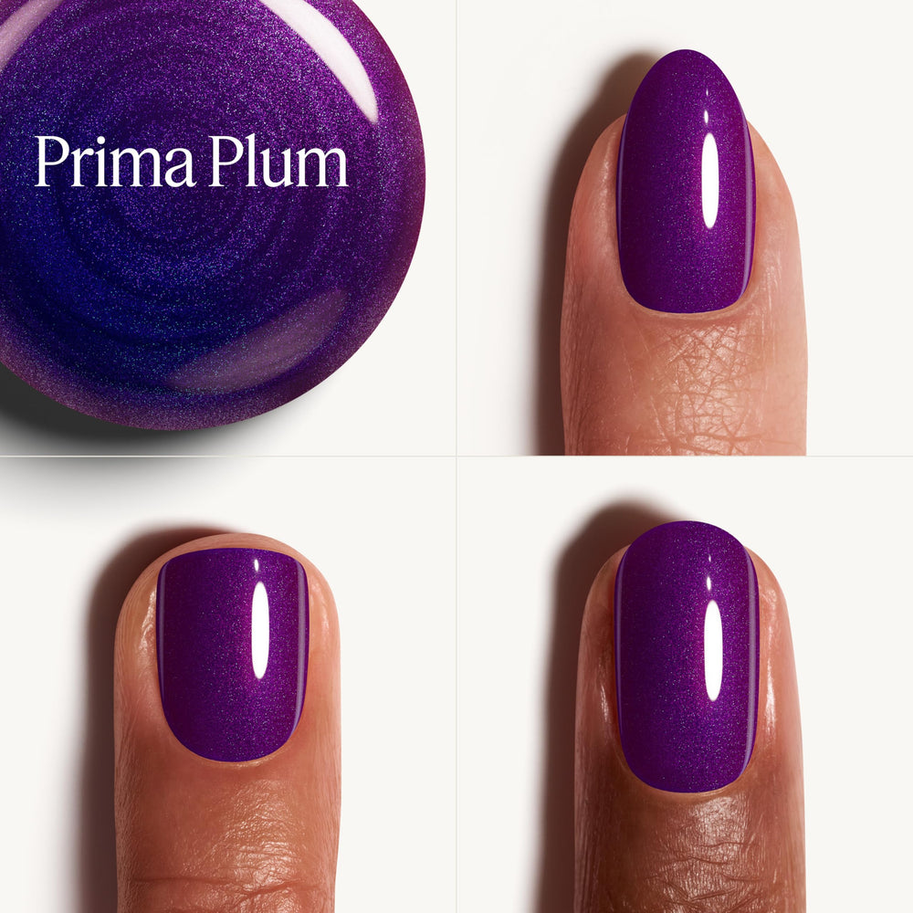 essie Prima Plum nail swatch on hand showing color shift and wearable glamour