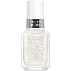 essie bottle front view showing gold flakey polish and label, enhances mani vibrancy
