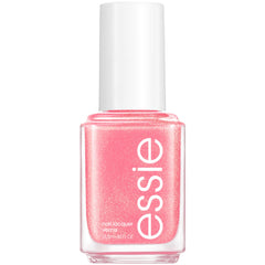 essie front bottle showing Spring Fling pink shimmer and easy application benefit
