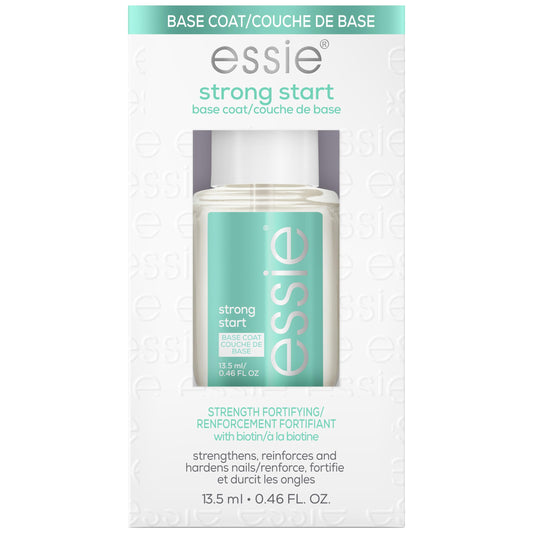 essie bottle front view showing clear strengthening base coat benefit
