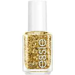 essie bottle front view showing gold glitter polish and glossy finish