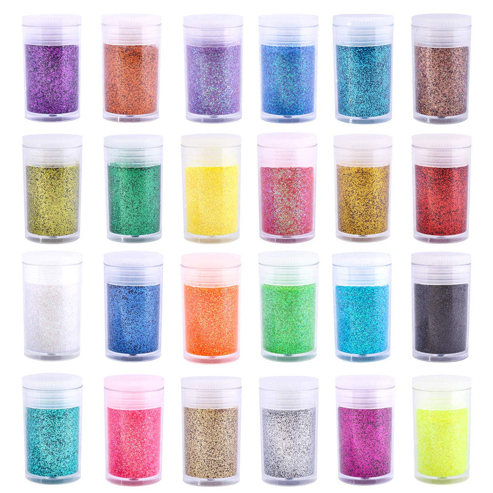 Estanoite 24-glitter jars spread showcasing full color range and immediate inspiration