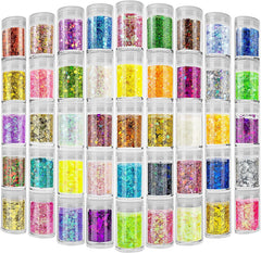 Estanoite front packaging showing 45 sealed glitter jars and organized palette benefit