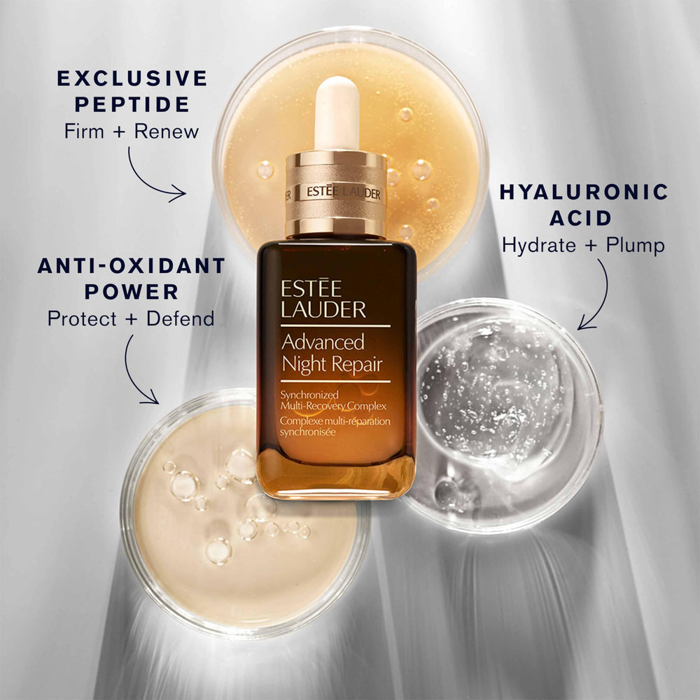 Estée Lauder product box label close-up highlighting ingredients and night-and-day benefits