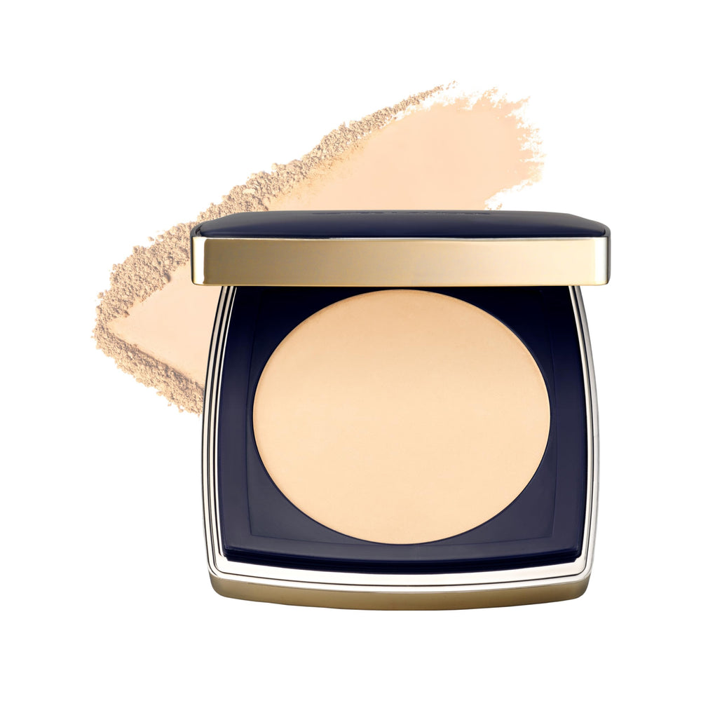 Estée Lauder compact front view showing sleek case and shade label for elegant convenience