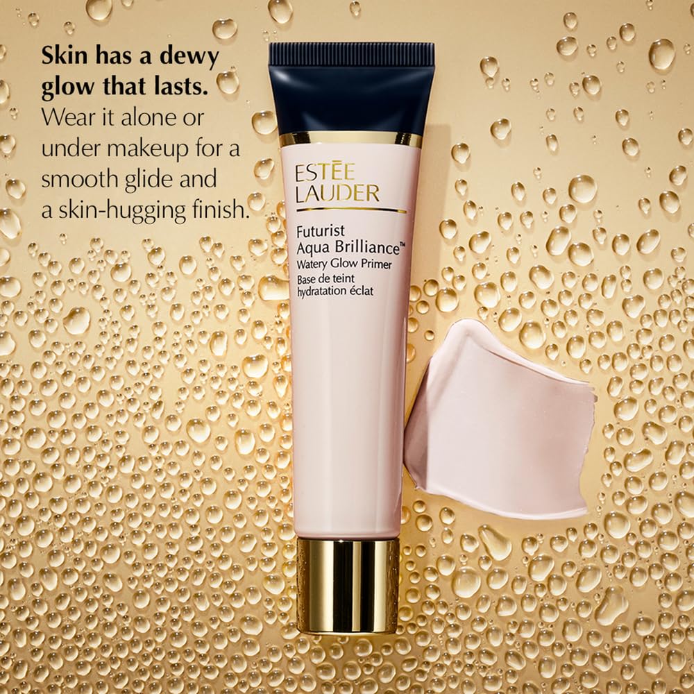 Estée Lauder primer dispensed on hand showing micro-droplets and quick absorption benefit