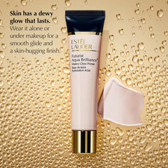 Estée Lauder primer dispensed on hand showing micro-droplets and quick absorption benefit