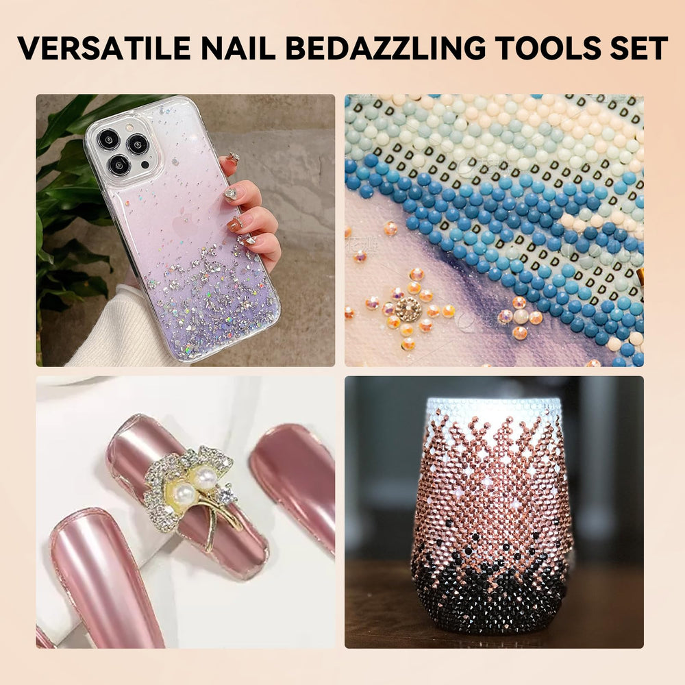 ESUOHYM applicator and tweezers placing a gem on a nail for neat results