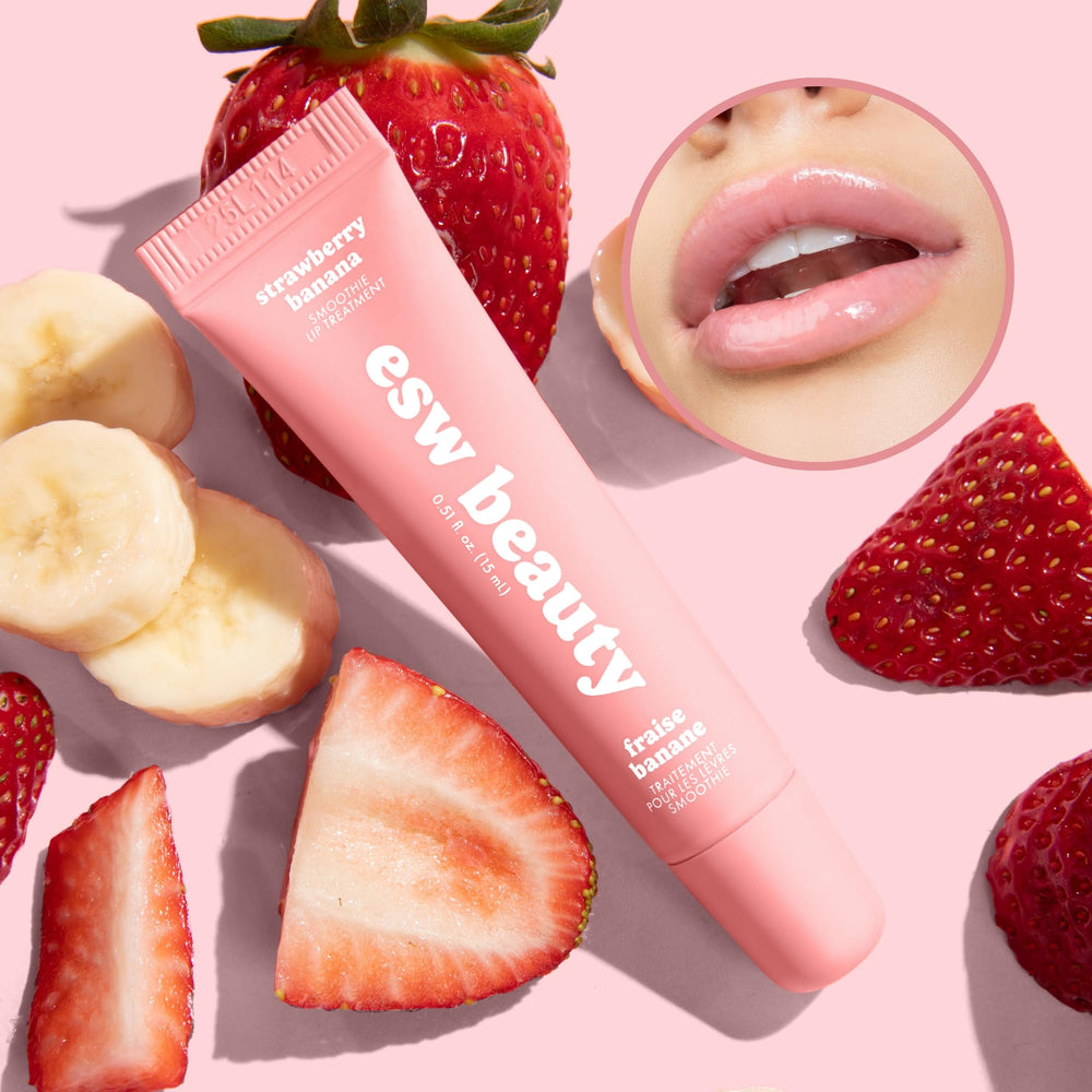 ESW Beauty strawberry and banana ingredients display signaling natural extracts