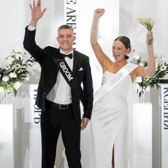 Etercycle sash in group photo with bride, highlights photo-friendly sparkle and focus