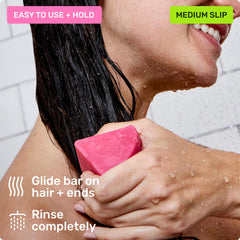 Ethique conditioner bar on bathroom shelf in lifestyle scene promoting sustainable living