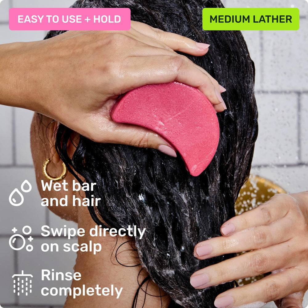 Ethique shampoo bar wet in shower showing foaming action and easy rinse