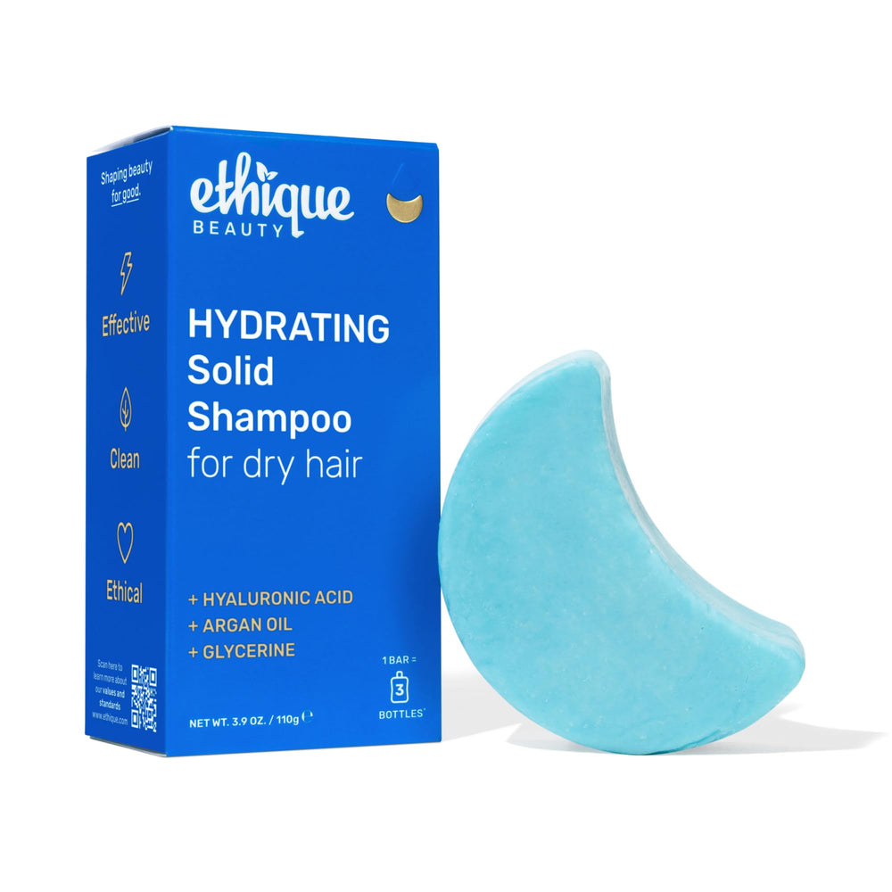 Ethique hydrating shampoo bar front packaging showing sustainable benefits