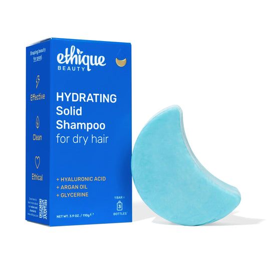 Ethique hydrating shampoo bar front packaging showing sustainable benefits