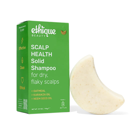 Ethique front packaging showing the scalp health shampoo bar and benefits