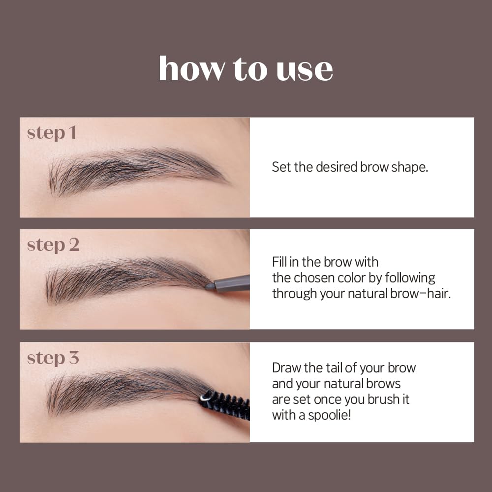 ETUDE bare edge brow pencil before and after image showing asymmetry correction