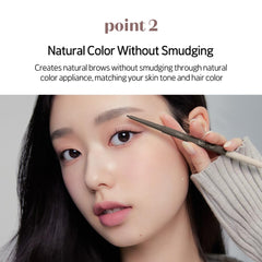 ETUDE pencil with spoolie blending strokes for softer, natural eyebrow finish