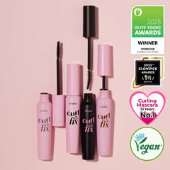 ETUDE before and after lashes demonstrating curl lift and added volume
