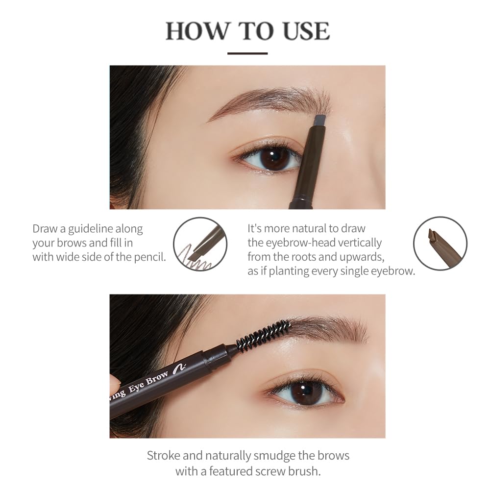 ETUDE brows before and after application showing fuller natural-looking result