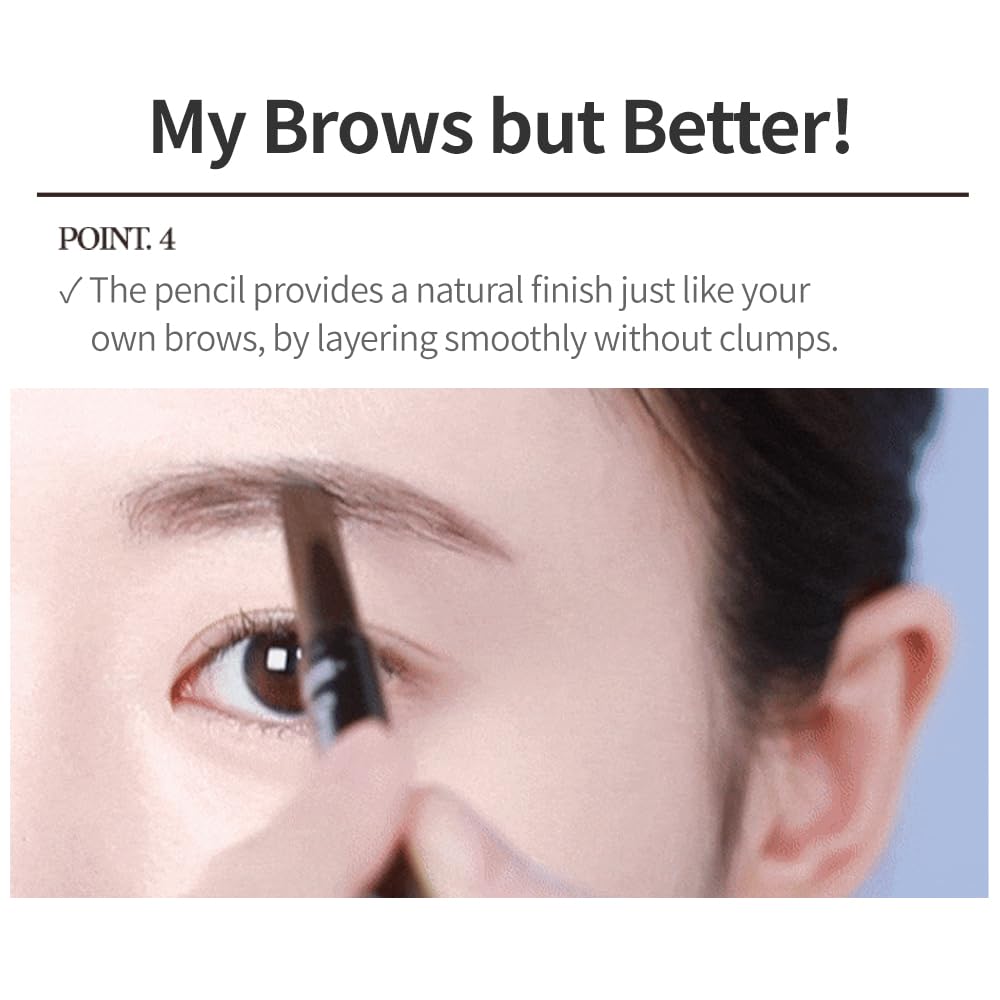 ETUDE pencil in use applying hair-like strokes for neat brows and controlled shaping