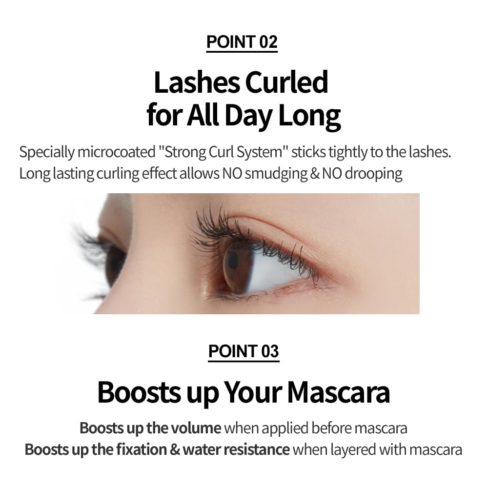 ETUDE mascara on model demonstrating lifted, glossy lashes benefit