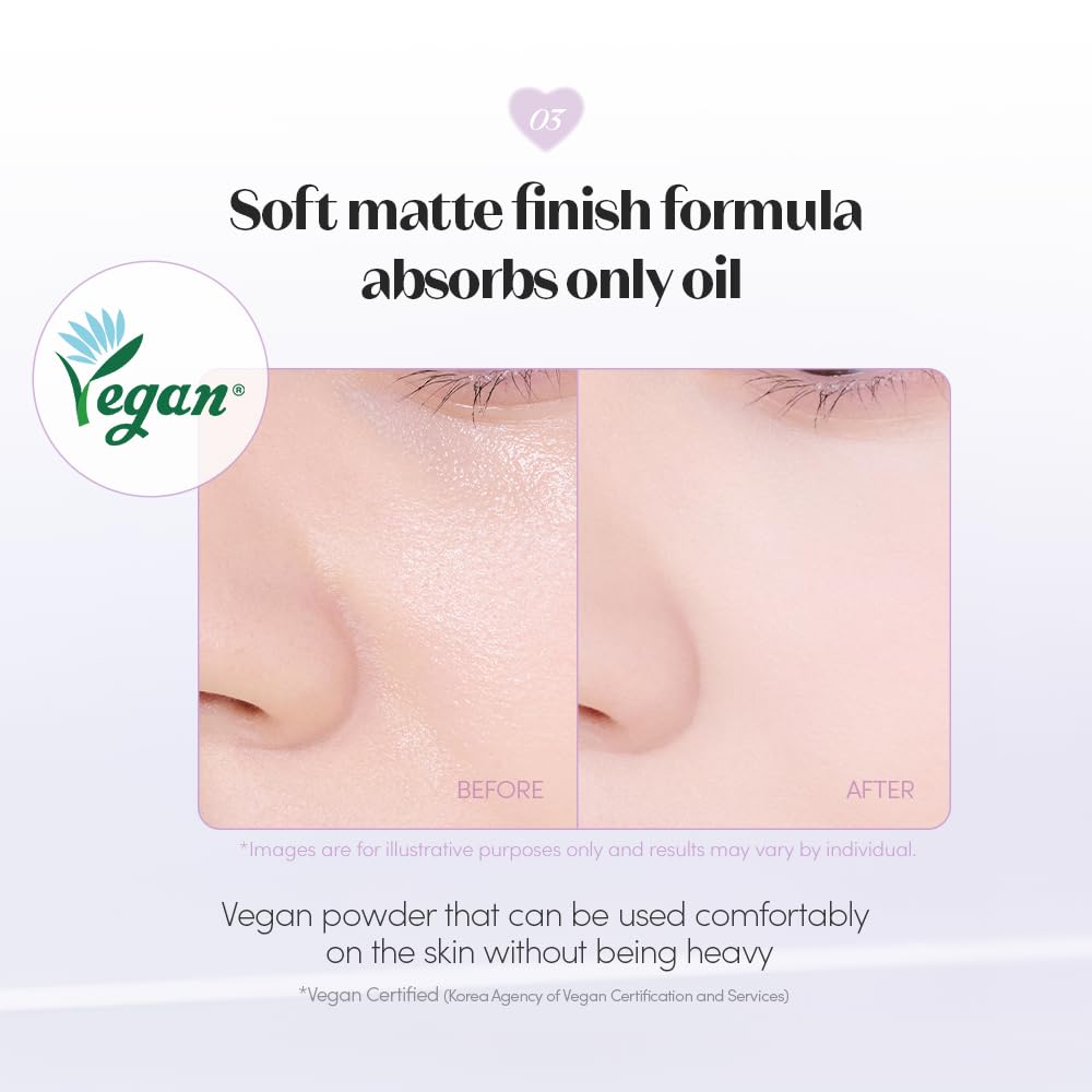 ETUDE powder applied to T-zone to control shine and reduce pore appearance