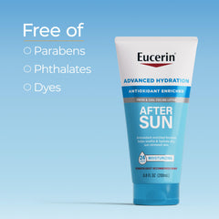 Eucerin after sun tube next to common items showing 6.8 oz scale advantage