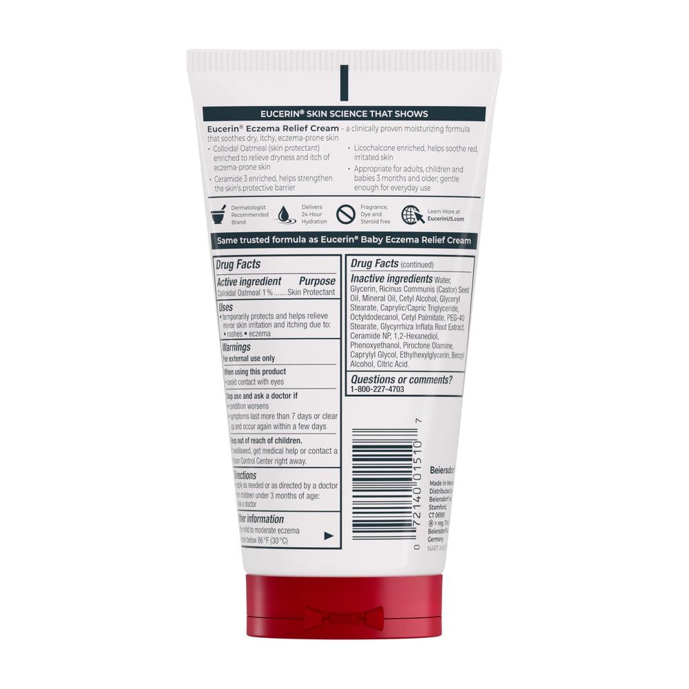 Eucerin 5 oz tube beside a ruler for scale, showing compact travel-friendly size