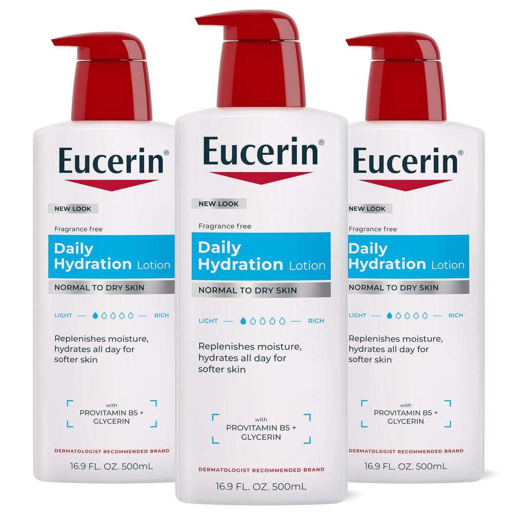 Eucerin front of bottle pump shows clear label and easy dispensing benefit