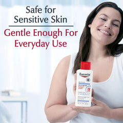 Close-up of Eucerin label details showing fragrance-free, dye-free benefits