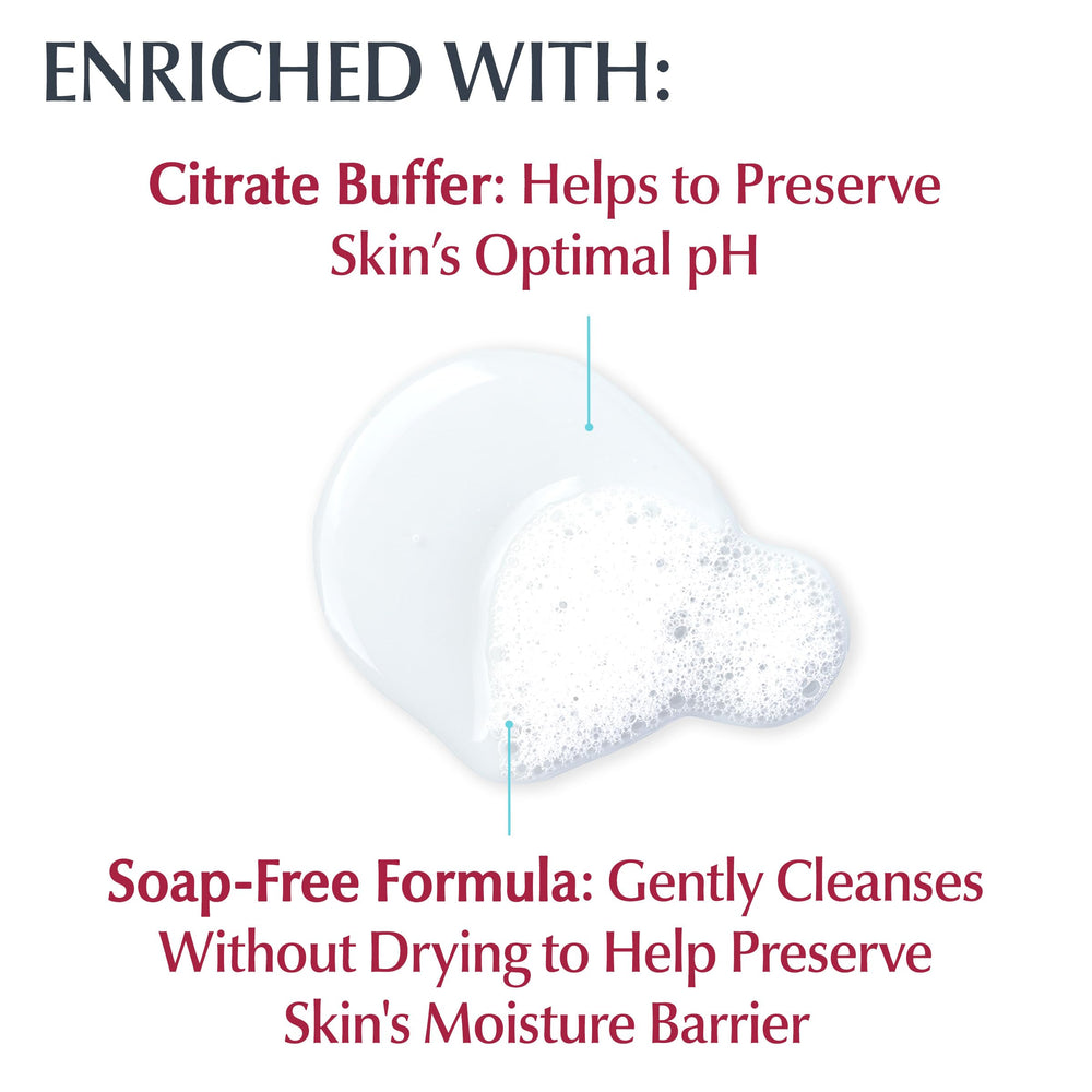 Eucerin creamy cleanser texture dispensed on palm highlighting mild lather
